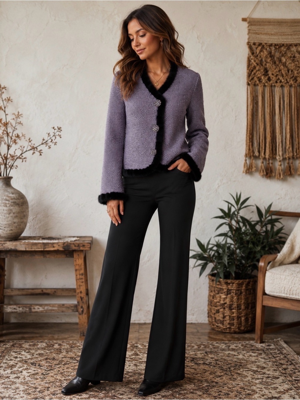 Lily & Taylor Vintage Lavender Bouclé Jacket with Black Trim Size 18